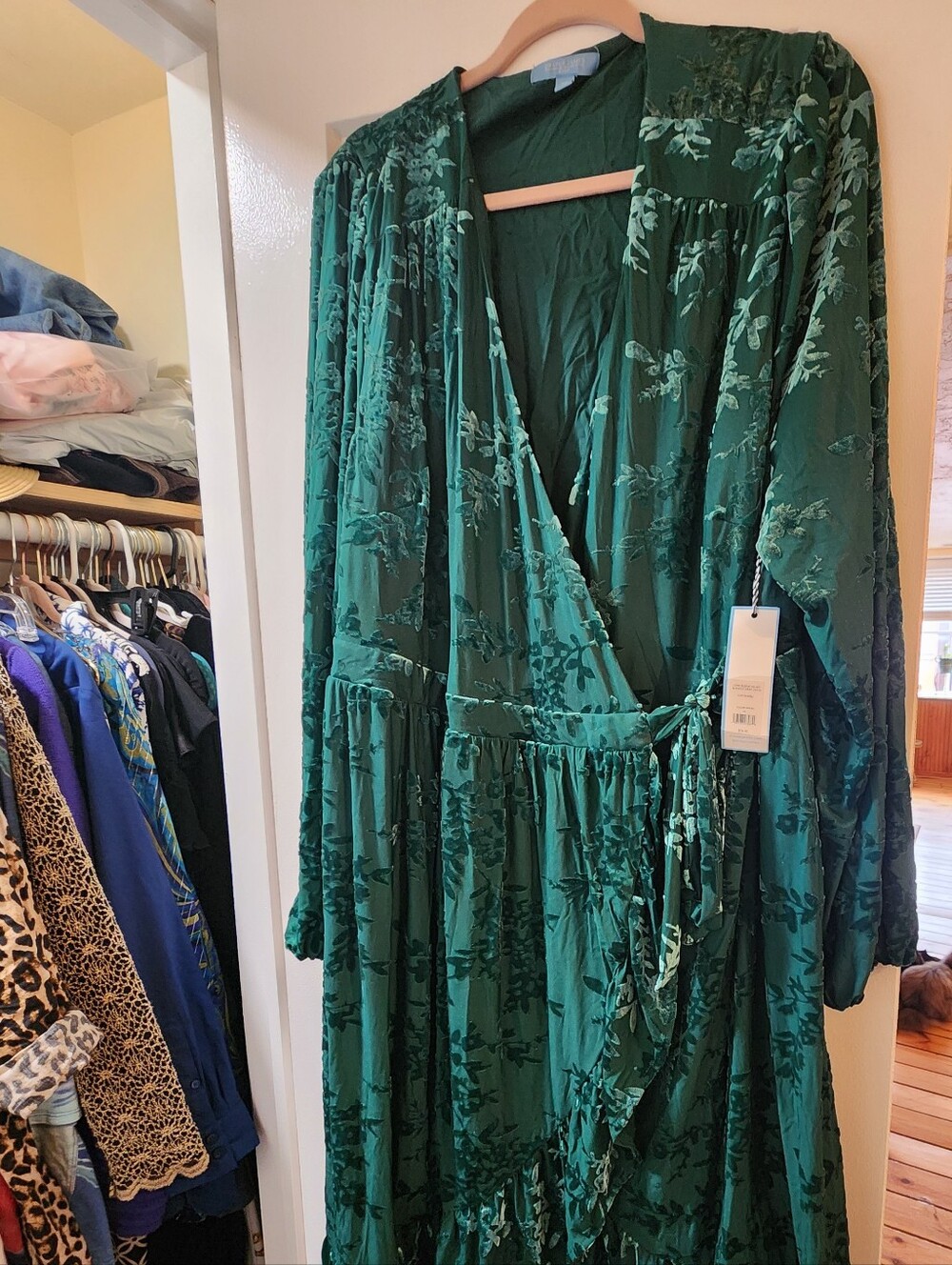 Long Sleeve Velvet Burnout Wrap Dress - Green